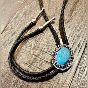 YMI Bolo Tie Faux Turquoise stone on silvertone, slide, leatherette neck tie